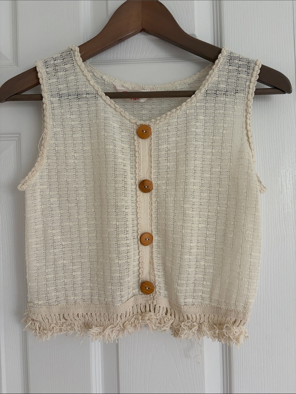 Cream Knit Button-Front Fringe Vest （ Great for summer)
